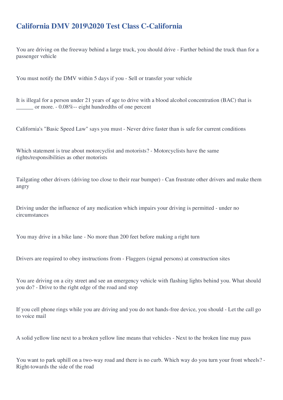 Preview image for California DMV 2019\2020 Test Class C-California